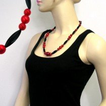 Halskette Olive und Perle rot-schwarz 60cm