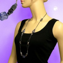 Collier Halskette Steinperle grau-lila-silber 96cm