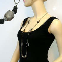 Collier Halskette Steinperle khaki-grau altsilber 100cm