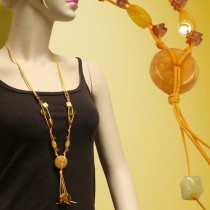 Collier Halskette Scheibe gelb-seidig Holz ocker 90cm