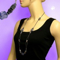 Collier Halskette Steinperle grau-lila-silber 96cm
