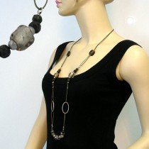 Collier Halskette Steinperle khaki-grau altsilber 100cm