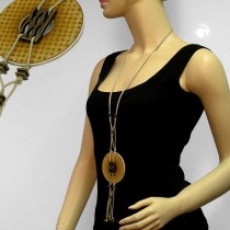 Collier Halskette Disc oliv-beige altmessing 110cm