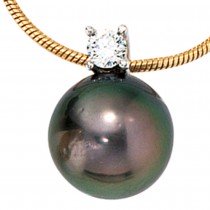 Collier Kette mit Anhänger 585 Gold 1 Tahiti Perle 1 Diamant Brilllant 42cm