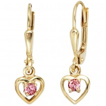 Kinder Boutons Herz 333 Gelbgold 2 Glassteine rosa rosé Ohrringe Ohrhänger