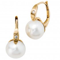 Boutons 585 Gelbgold 2 Diamanten 2 Süßwasser Perlen Ohrringe Ohrhänger