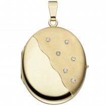 Medaillon oval 585 Gelbgold mattiert 6 Diamanten Anhänger zum Öffnen