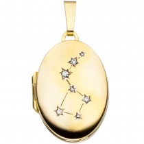 Medaillon oval für 2 Fotos aus 333 Gelbgold 4 Zirkonia Anhänger zum Öffnen