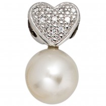 Anhänger Herz 585 Weißgold 1 Süßwasser Perle 10 Diamanten Perlenanhänger
