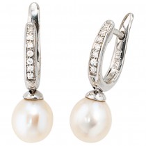 Creolen 925 Silber 2 Süßwasser Perlen 14 Zirkonia Ohrringe Perlenohrringe
