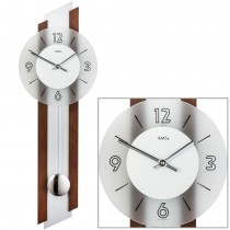 Wanduhr Quarz mit Pendel silbern Holz nussbaum farben Pendeluhr Glas