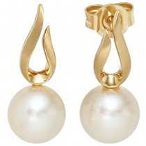 Ohrstecker 585 Gelbgold mattiert 2 Süßwasser Perlen Ohrringe Goldohrstecker