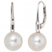 Boutons 585 Weißgold 2 Süßwasser Perlen 2 Diamanten Ohrringe Ohrhänger