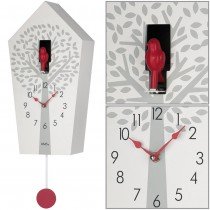Kuckucksuhr Wanduhr Quarz mit Pendel rot weiß mit Baum Muster Pendeluhr