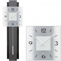 Wanduhr Quarz mit Pendel schwarz grau Pendeluhr mit Carbon und Glas