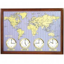 Wanduhr Weltzeit-Uhr Quarz analog Holzrahmen mit Metallzifferblatt