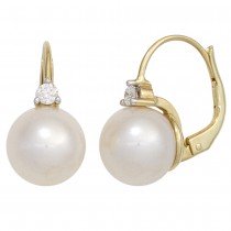 Boutons 585 Gelbgold 2 Süßwasser Perlen 2 Diamanten Ohrringe Ohrhänger