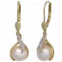 Boutons 585 Gelbgold 2 Süßwasser Perlen 6 Diamanten Ohrringe Ohrhänger