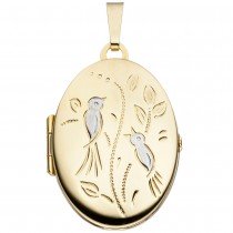 Medaillon Vögel oval für 2 Fotos 333 Gelbgold matt Anhänger zum Öffnen