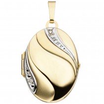 Medaillon oval 333 Gelbgold bicolor mattiert 2 Zirkonia Anhänger zum Öffnen