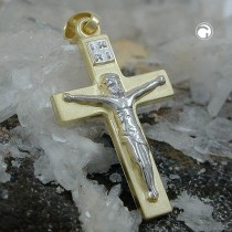 Anhänger Kreuz mit Jesus bicolor 585 Gold