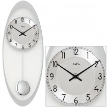 Wanduhr Quarz mit Pendel silbern oval Pendeluhr mit Glas und Aluminium