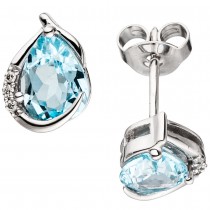Ohrstecker 585 Weißgold 6 Diamanten 2 Blautopase hellblau blau Ohrringe