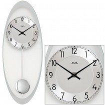 Wanduhr Quarz mit Pendel silbern oval Pendeluhr mit Glas und Aluminium