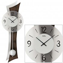 Wanduhr Quarz mit Pendel Holz nussbaum farben mit Aluminium Pendeluhr geschwungen