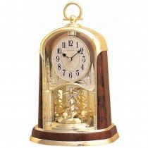 Tischuhr Quarz analog mit Drehpendel golden mit Holz-Optik