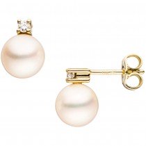 Ohrstecker 585 Gelbgold 2 Süßwasser Perlen 2 Diamanten Brillanten Ohrringe