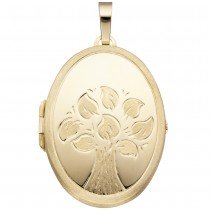 Medaillon Baum oval für 2 Fotos 585 Gelbgold matt Anhänger zum Öffnen