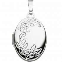Medaillon Blumen oval für 2 Fotos 585 Weißgold Anhänger zum Öffnen