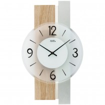 AMS Wanduhr Quarz analog silbern modern Holz Sonoma Optik mit Glas