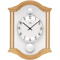 AMS Wanduhr Quarz analog Pendel Doppelpendel Holz Buche massiv mit Glas