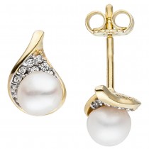 JOBO Ohrstecker 375 Gelbgold 2 Süßwasser Perlen 20 Zirkonia