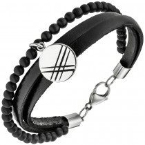 JOBO Armband 3-reihig Leder schwarz mit Onyx Kugeln und Edelstahl 21cm Lederarmband