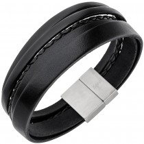 JOBO Herren Armband 5-reihig Leder schwarz geflochten Edelstahl 21cm