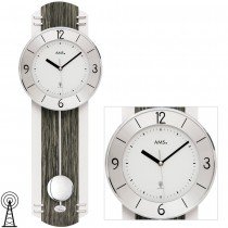 AMS Wanduhr Funk Funkwanduhr mit Pendel schwarz graue Holz Optik Pendeluhr