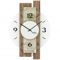 AMS Wanduhr Quarz analog modern Holz nussbaum farben mit Naturstein Auflage