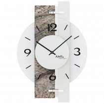 AMS Wanduhr Quarz analog silbern Naturstein-Optik mit Aluminium und Glas
