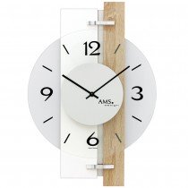 AMS Wanduhr Quarz Hochglanz weiß Holz Sonoma Optik mit Aluminium und Glas