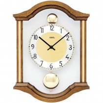 AMS Wanduhr Quarz analog Pendel Doppelpendel Holz Eiche massiv mit Glas