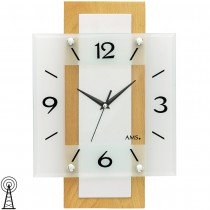 AMS Wanduhr Funk Funkwanduhr analog Holz Buche massiv eckig mit Glas