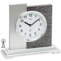AMS Tischuhr Funk silbern modern in Naturstein-Optik mit Aluminium Auflage