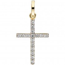 JOBO Anhänger Kreuz schmal 375 Gelbgold 16 Zirkonia Kreuzanhänger Goldkreuz