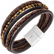 JOBO Armband 5-reihig Leder braun mit Tigeraugen-Kugeln und Edelstahl 18,5cm