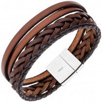 JOBO Herren Armband 4-reihig Leder braun geflochten mit Edelstahl 21cm