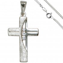 Anhänger Kreuz 925 Silber 3 Zirkonia Kreuzanhänger Silberkreuz mit Kette 50cm