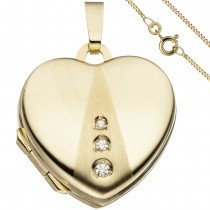Medaillon Herz Anhänger zum Öffnen für Fotos 333 Gold 3 Zirkonia mit Kette 50cm